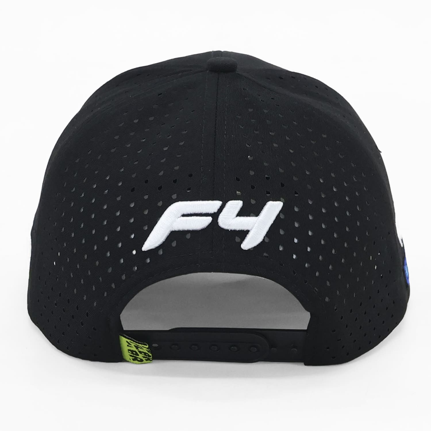 Neon green perforated back panels, back view with “F4” and “DWT Wealth” embroidery above snapback.