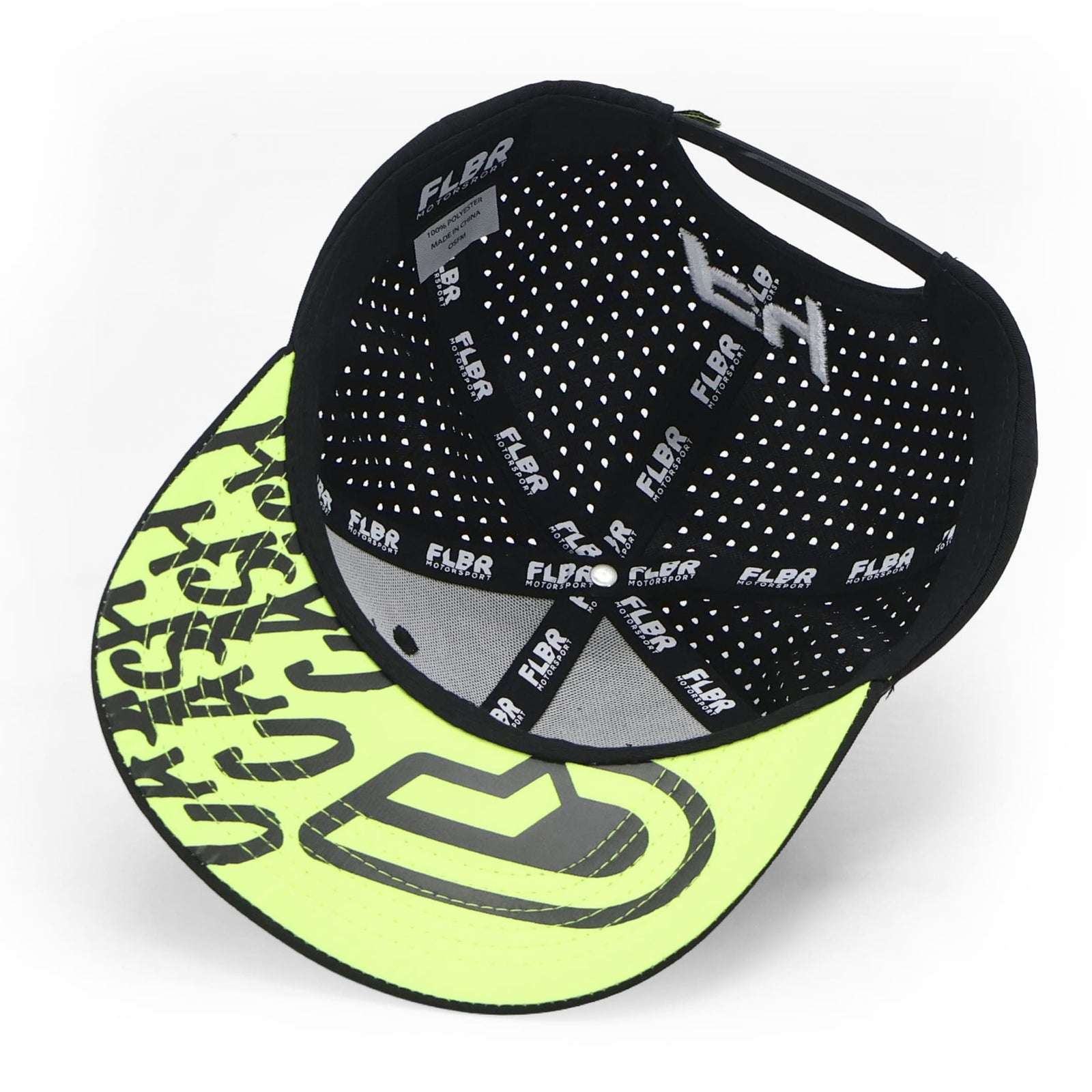 Inside view showing neon green interior lining with branded straps and neon underbrim graphics.