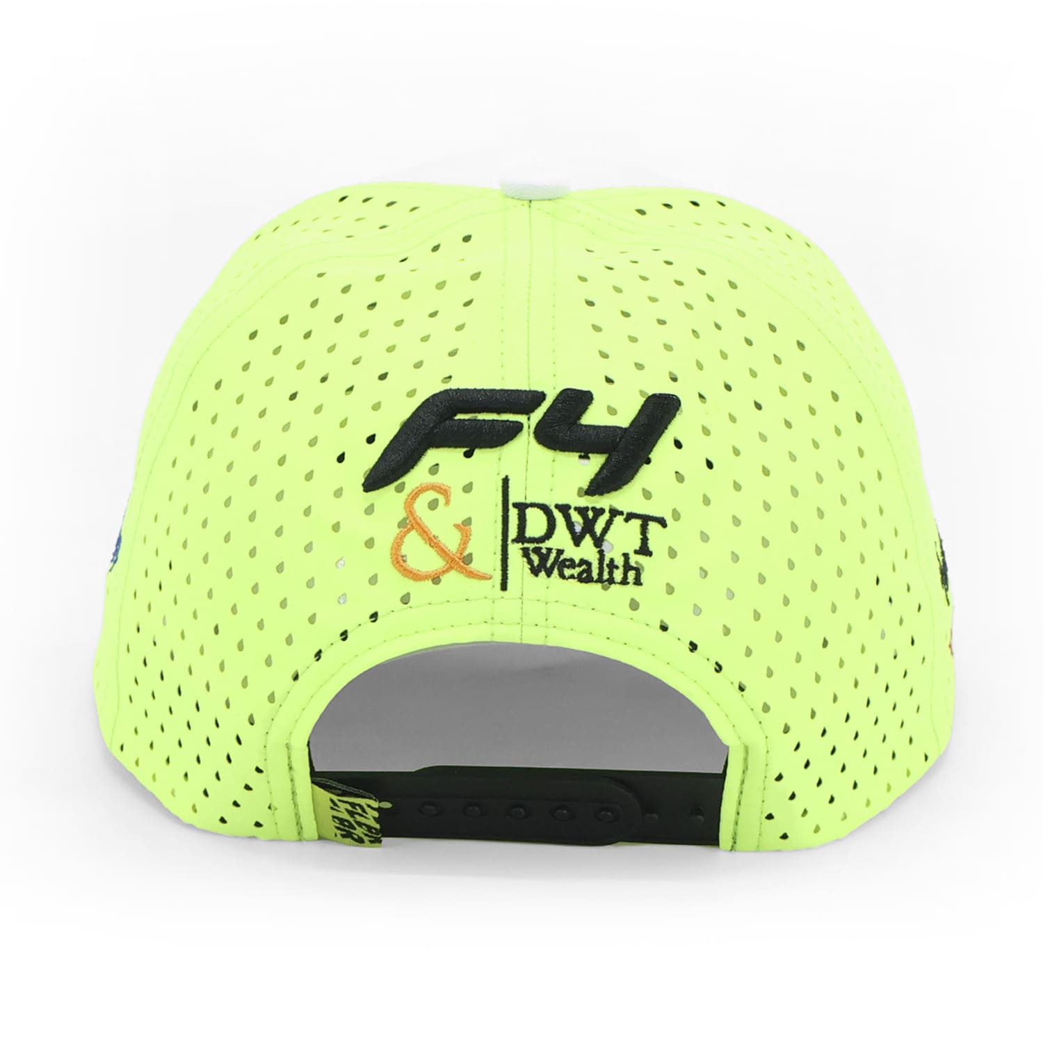 Back view of neon yellow perforated FLBR Motorsport cap with F4 and DWT Wealth embroidery above snapback opening.