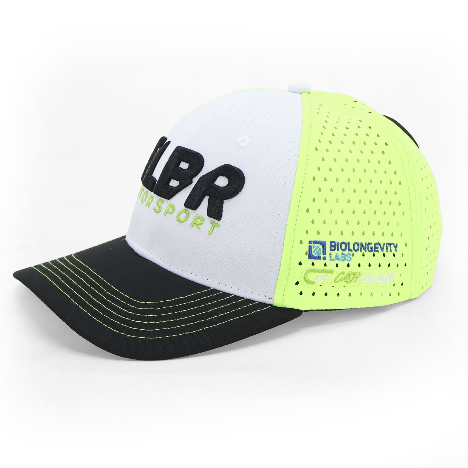 Angle view of FLBR Motorsport cap; neon yellow perforated side with Biolongevity Labs logo and green stitching on black brim.