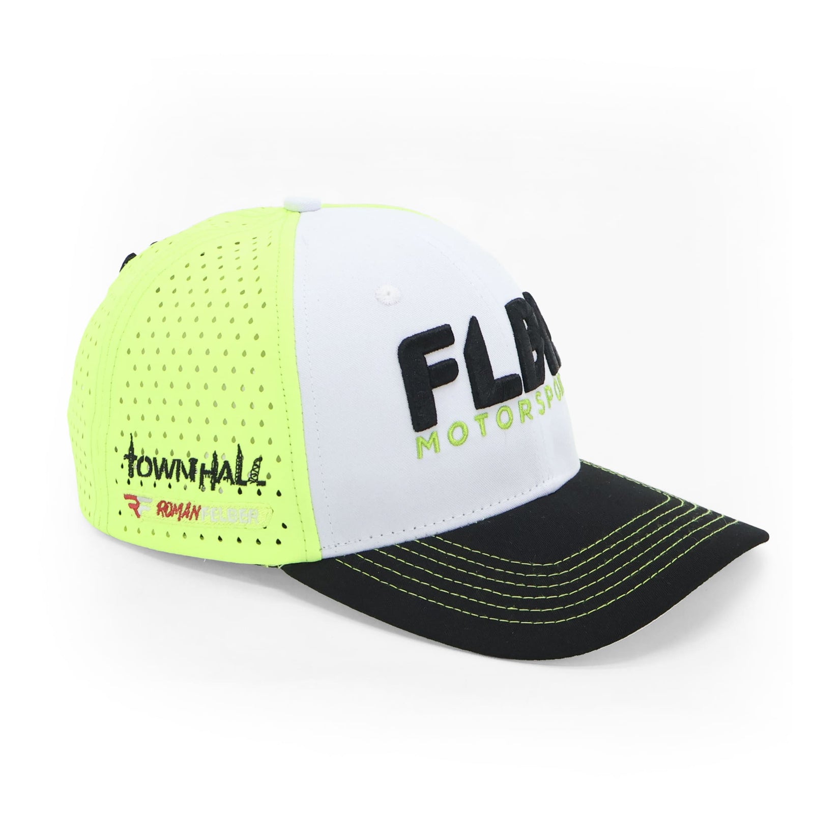 Side view of FLBR Motorsport cap showing Town Hall and Roman Felber sponsor embroidery on neon yellow perforated panel.