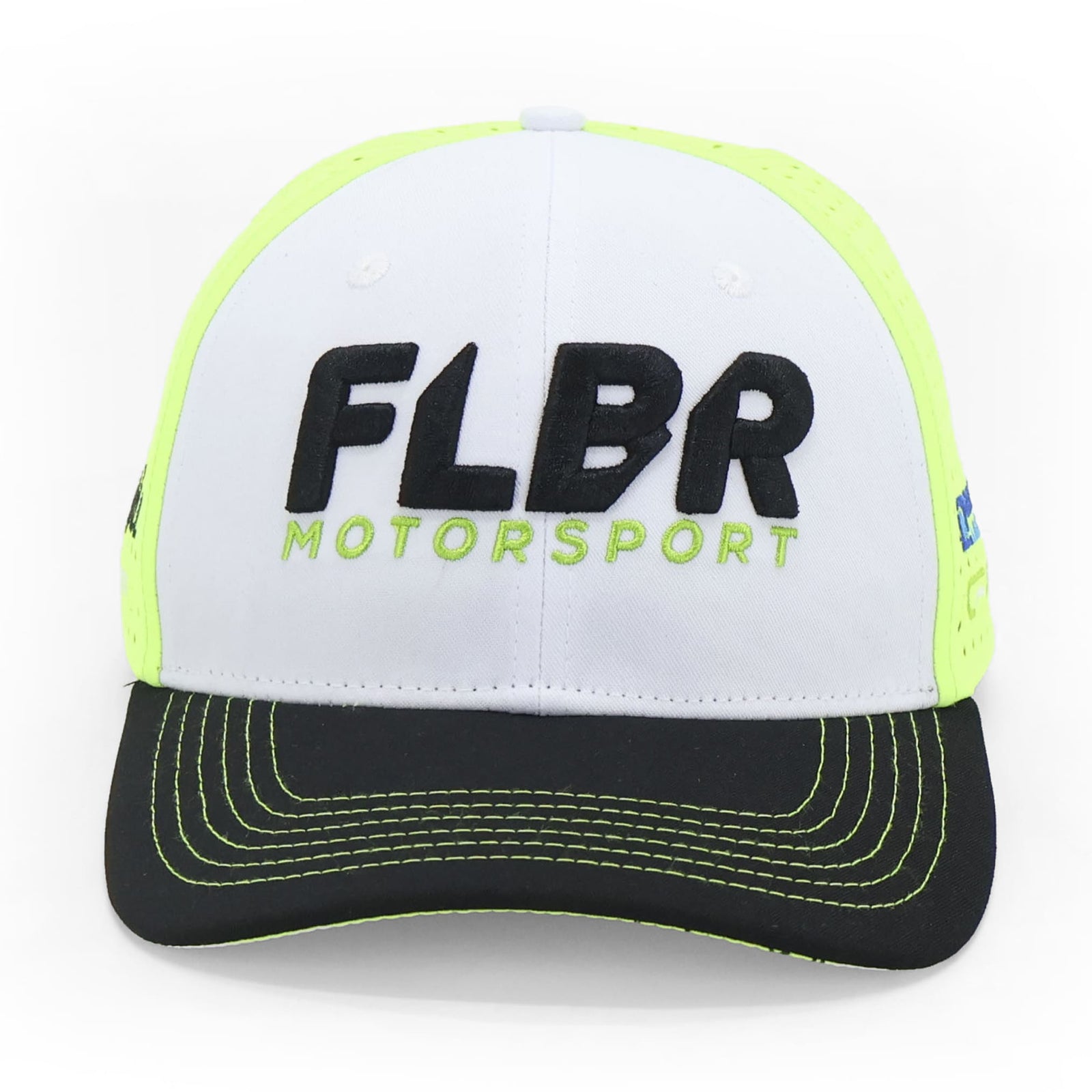 FLBR Motorsport white front panel cap with black brim and neon yellow sides; green stitched visor detail.