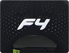 Back view of a black baseball cap featuring white F4 embroidered logo on perforated panels
