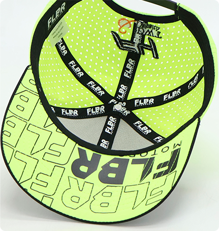 Interior view of a FLBR Motorsport baseball cap showing branded taping lining and patterned underbrim design