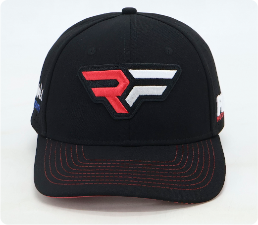 Front view of a black FLBR F4 baseball cap with raised embroidered logo