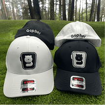 Black and white 'Gopher' caps with bear logo.