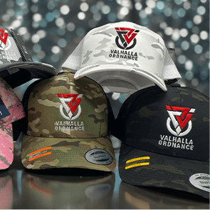 Various camo caps with 'Valhalla Ordnance' logo.