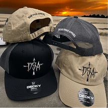 Beige and black caps with 'Dead Space Domain' logo and Decky tag.