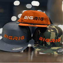 Gray, orange, and camo caps with 'BIGRIG' logo.