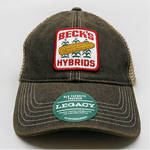 Worn-looking cap with 'Becks Hybrids' patch and Legacy label.