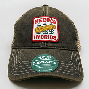 Worn-looking cap with 'Becks Hybrids' patch and Legacy label.