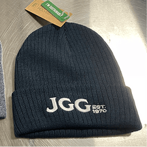 Navy beanie with 'JGG Est. 1970' embroidery.