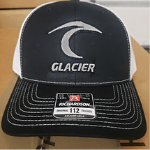 Black and white Richardson cap with 'Glacier' logo.