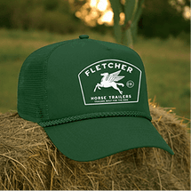 Green 'Fletcher Horse Trailers' cap with Pegasus logo.