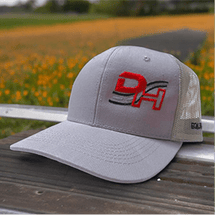 Gray and red 'DH' mesh cap with curved brim.