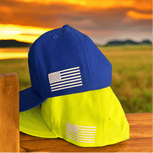 Blue and neon yellow caps with American flag design.