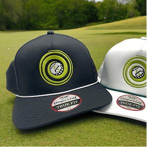 Two caps with a golf logo and 'True Fit' label.