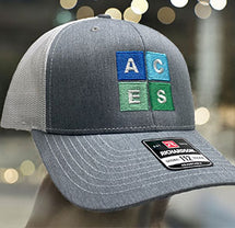 Gray ACES hat with blue and green embroidered patch design