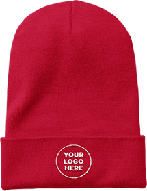 Red knit beanie with a custom logo on the cuff.