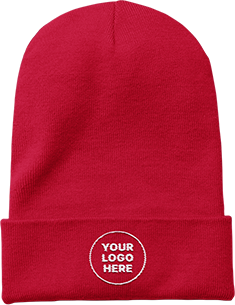 Red knit beanie with a custom logo on the cuff.