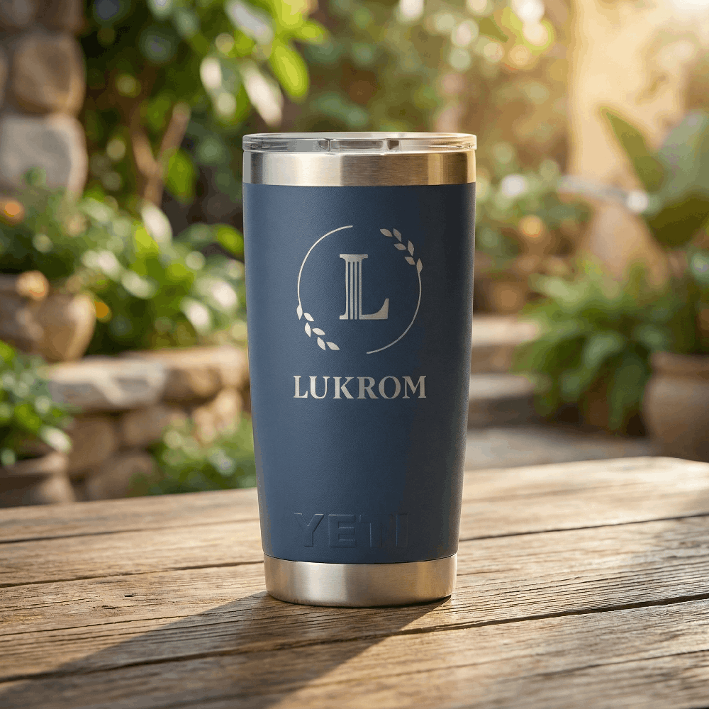 Navy YETI tumbler with Lukrom laurel “L” monogram and logo, stainless rim and base, outdoors on wood table.