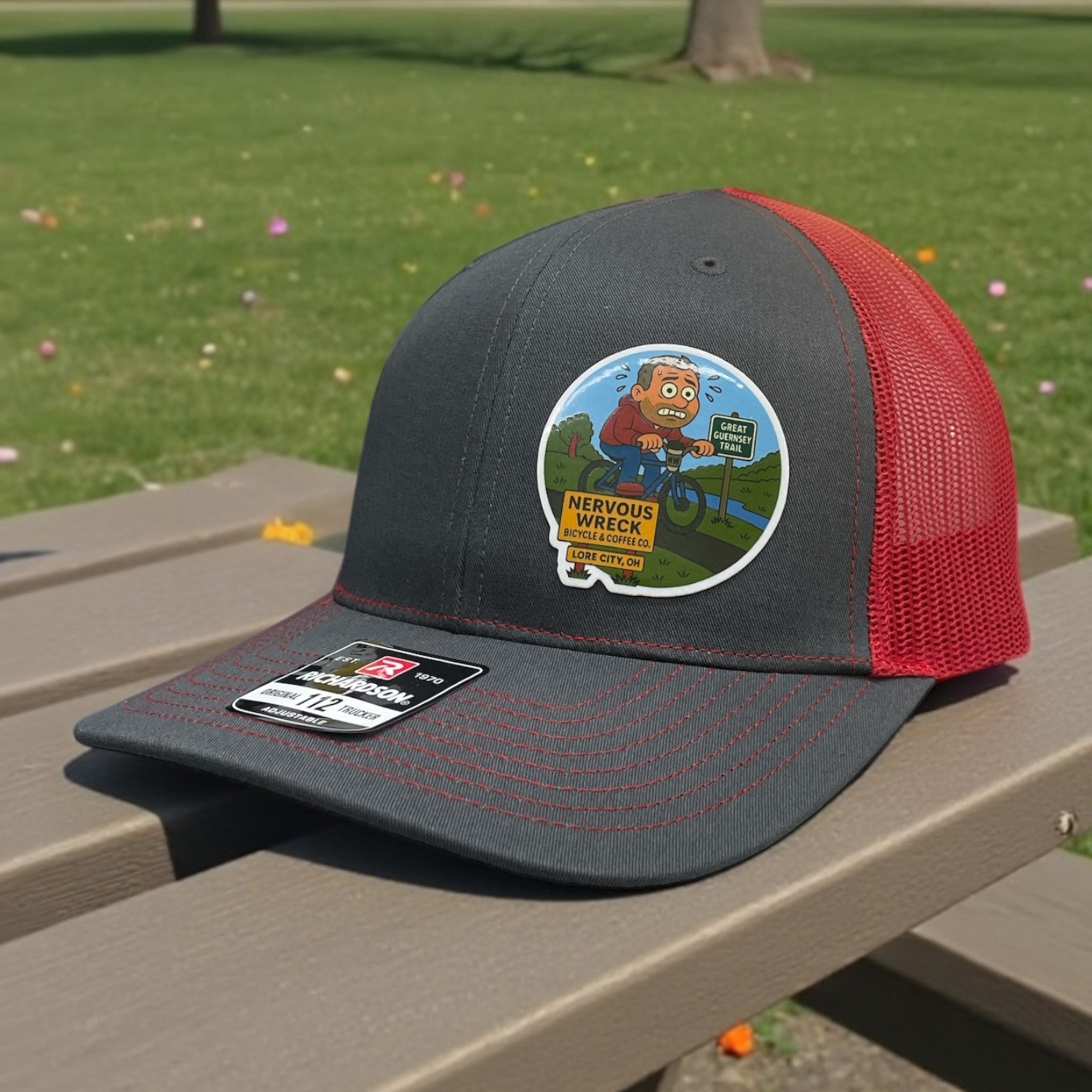 Gray trucker hat with red mesh back and Nervous Wreck Bicycle & Coffee Co. Lore City, OH patch.