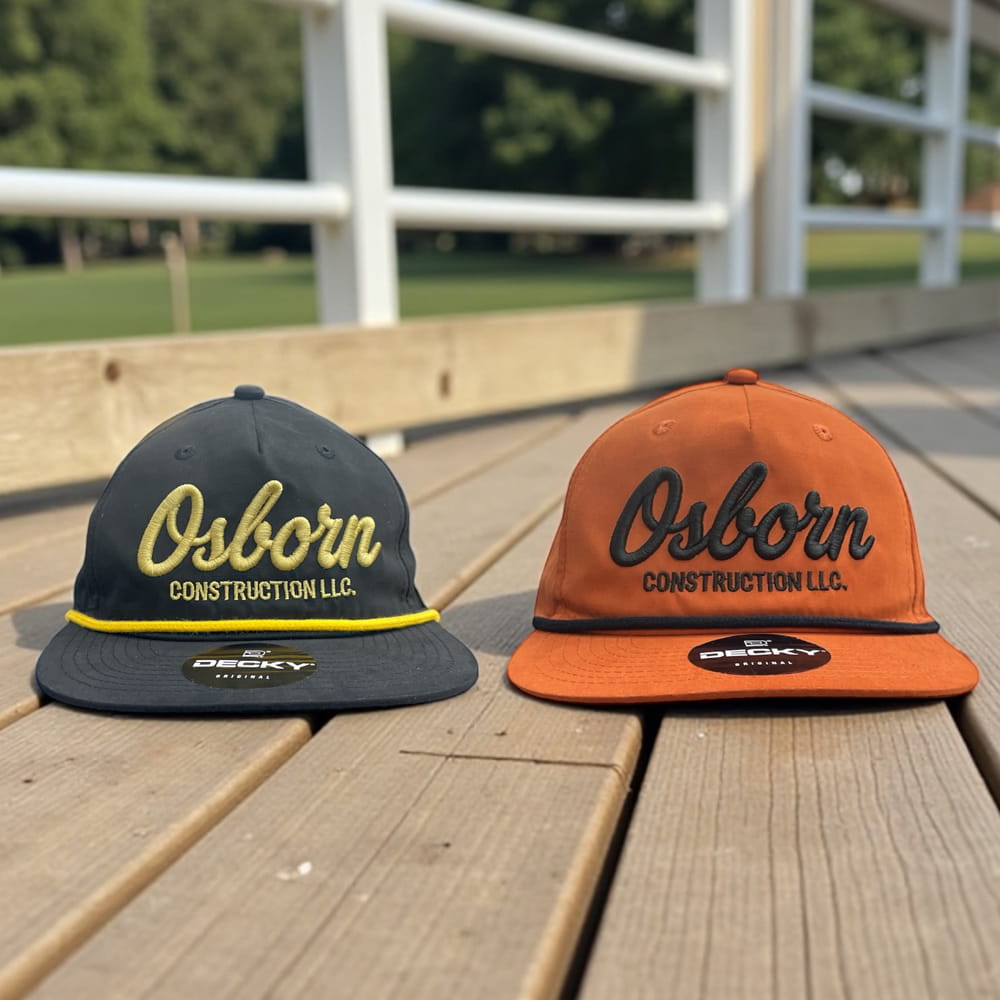 Two DECKY rope hats for Osborn Construction LLC: charcoal cap with yellow embroidery and rust cap with black embroidery.