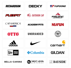 Grid of apparel brand logos: Richardson, DECKY, Yupoong, Flexfit, Outdoor Cap, Pacific Headwear, Cap America, AcademyFits, Nissun, OTTO, Unbranded, '47 Brand, adidas, Nike, Carhartt, New Era, Columbia, Gildan, Bella+Canvas, Next Level Apparel, Bayside.