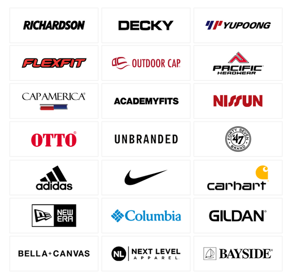 Grid of apparel brand logos: Richardson, DECKY, Yupoong, Flexfit, Outdoor Cap, Pacific Headwear, Cap America, AcademyFits, Nissun, OTTO, Unbranded, '47 Brand, adidas, Nike, Carhartt, New Era, Columbia, Gildan, Bella+Canvas, Next Level Apparel, Bayside.