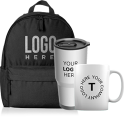 Custom logo backpack and drinkware set with branded travel mug and coffee cup