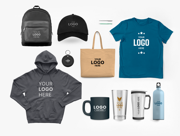 A collection of promotional items including a backpack, cap, t-shirt, hoodie, keychain, tote bag, mug, glasses, and water bottle, all with logos.