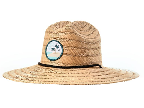 Richardson 827 Waterman straw hat with a tropical logo patch, offering breathable sun protection for outdoor adventures.