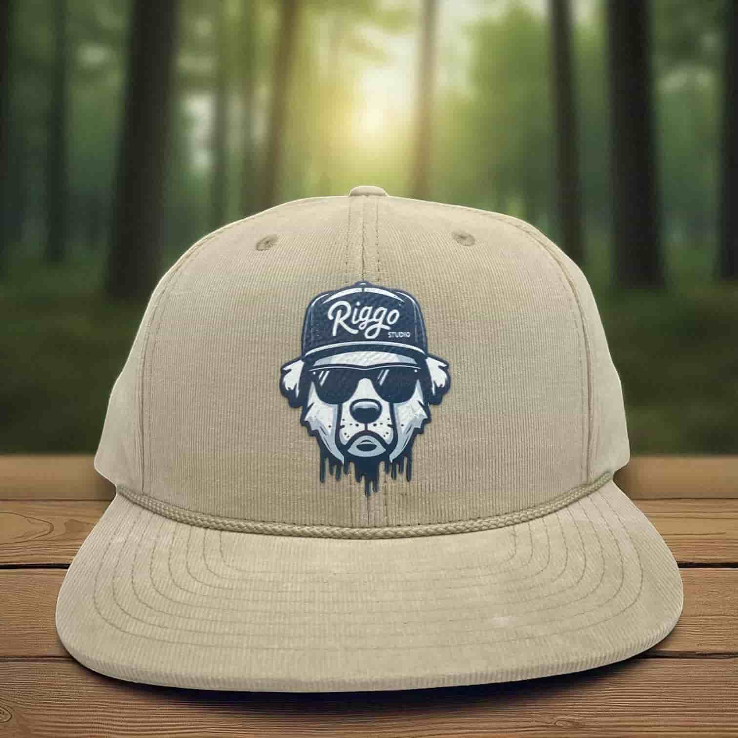 Beige rope snapback hat with Riggo Studio dog graphic wearing sunglasses and a cap, centered on the front panel.