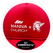 Red cap with "MANNA CHURCH" logo and a stylized rooster, branded by DECKY.