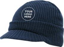 Navy blue knitted skullcap with a custom logo on the front fold.