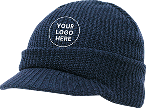 Navy blue knitted skullcap with a custom logo on the front fold.
