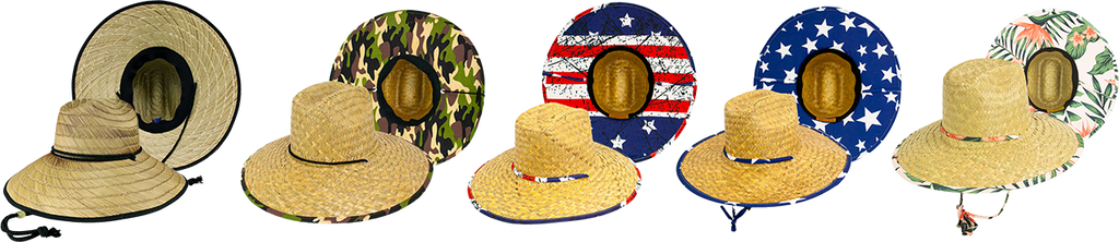 A collection of straw hats featuring unique underbrim patterns, including camouflage, patriotic stars and stripes, and tropical floral designs.