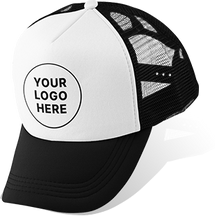 Black and white trucker hat with a custom logo on the front panel.