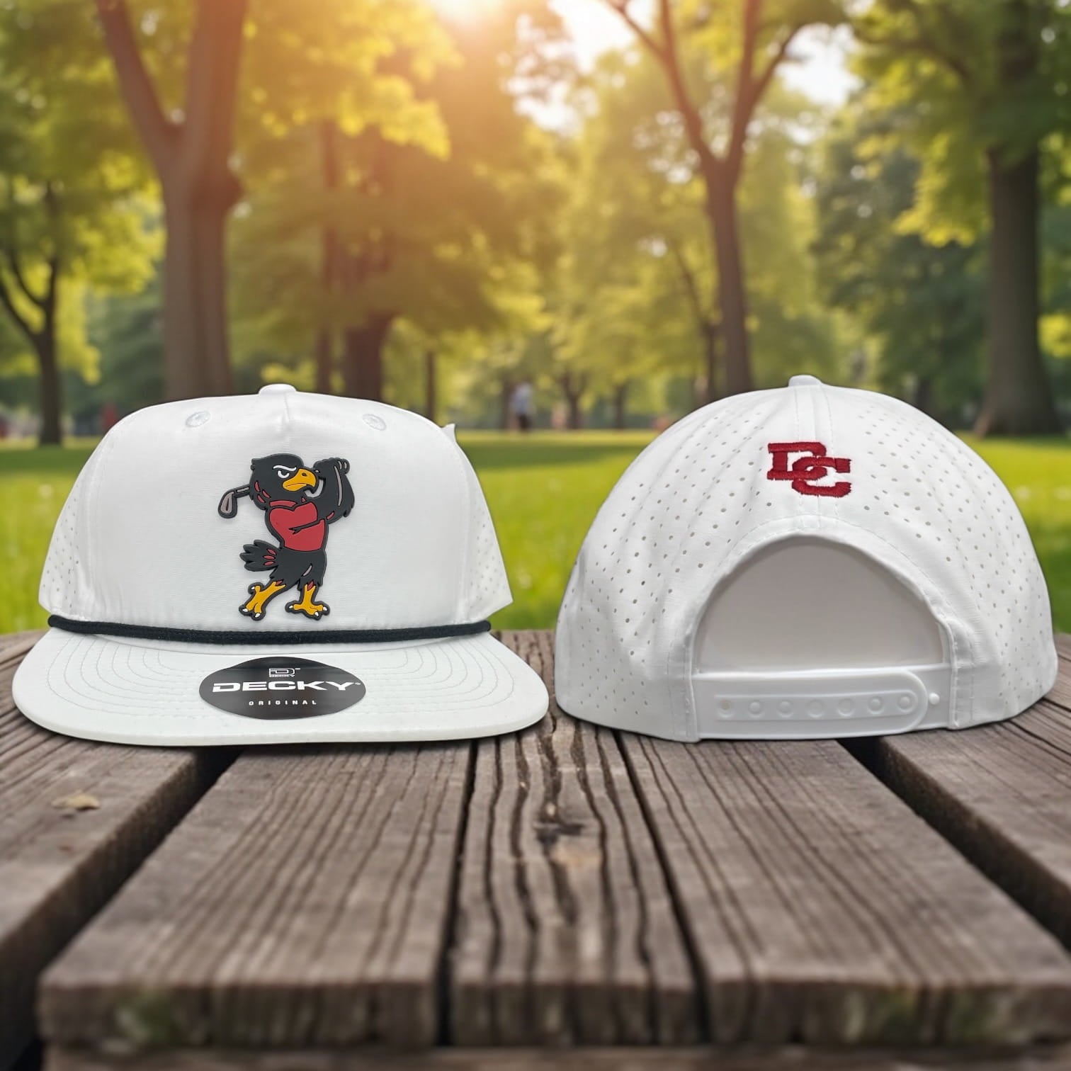 White Decky snapback hats shown front and back with bird mascot patch and red DC monogram embroidery on perforated panels.