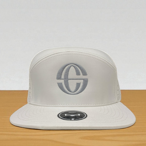 White flatbill Osprey hat featuring raised embroidered gray C logo on the structured front panel.