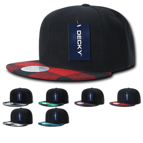 Decky 1045 - Plaid Bill Snapback Hat, 6 Panel Flat Bill Cap