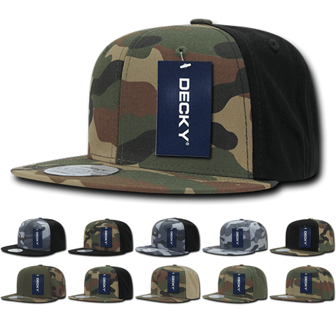 Decky 1049 - Camo Snapback Hat, 6 Panel Camouflage Flat Bill Cap