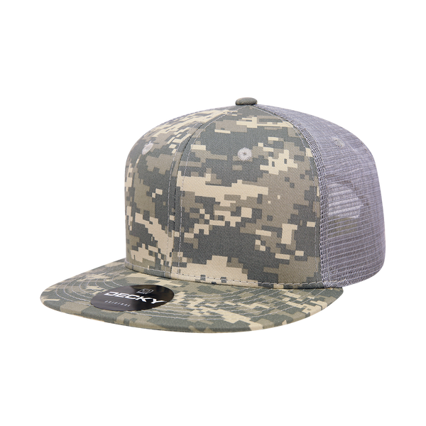 Decky 1055 Camo Flat Bill Trucker Hat, Camouflage 6 Panel Trucker Cap - CASE Pricing