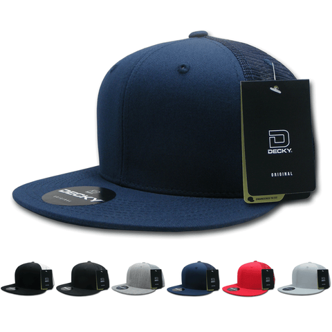 Fitted Flat Bill Trucker Hats, Retro Fitted Cotton Cap, Mesh Back - Decky 1075