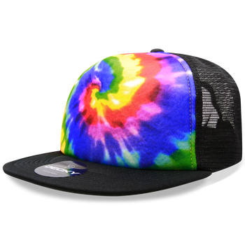 Decky 1079 5 Panel Tie Dye Trucker Hat, Tiedye Flat Bill Hat, Snapback