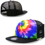 Decky 1079 - 5 Panel Tie Dye Trucker Hat, Tiedye Flat Bill Hat, Snapback - CASE Pricing