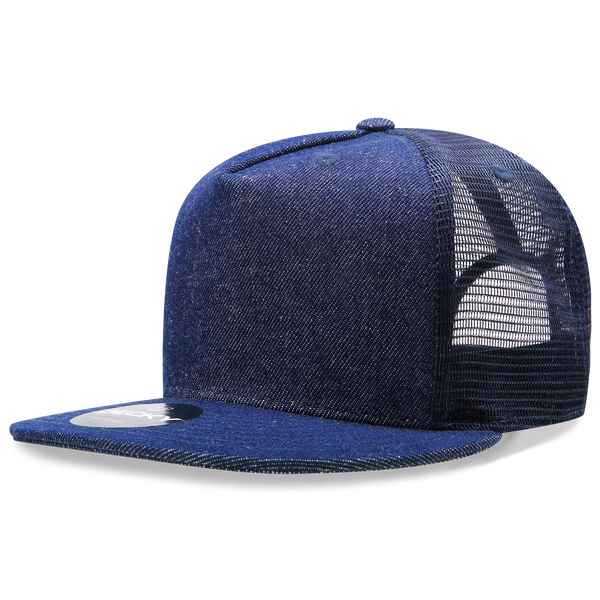 Decky 1082 5 Panel Denim Trucker Hat, Flat Bill Mesh Back Cap