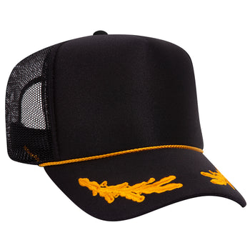 Otto 39-162 5-Panel High Crown Foam Trucker Hat - Black/Gold with Oak Leaves