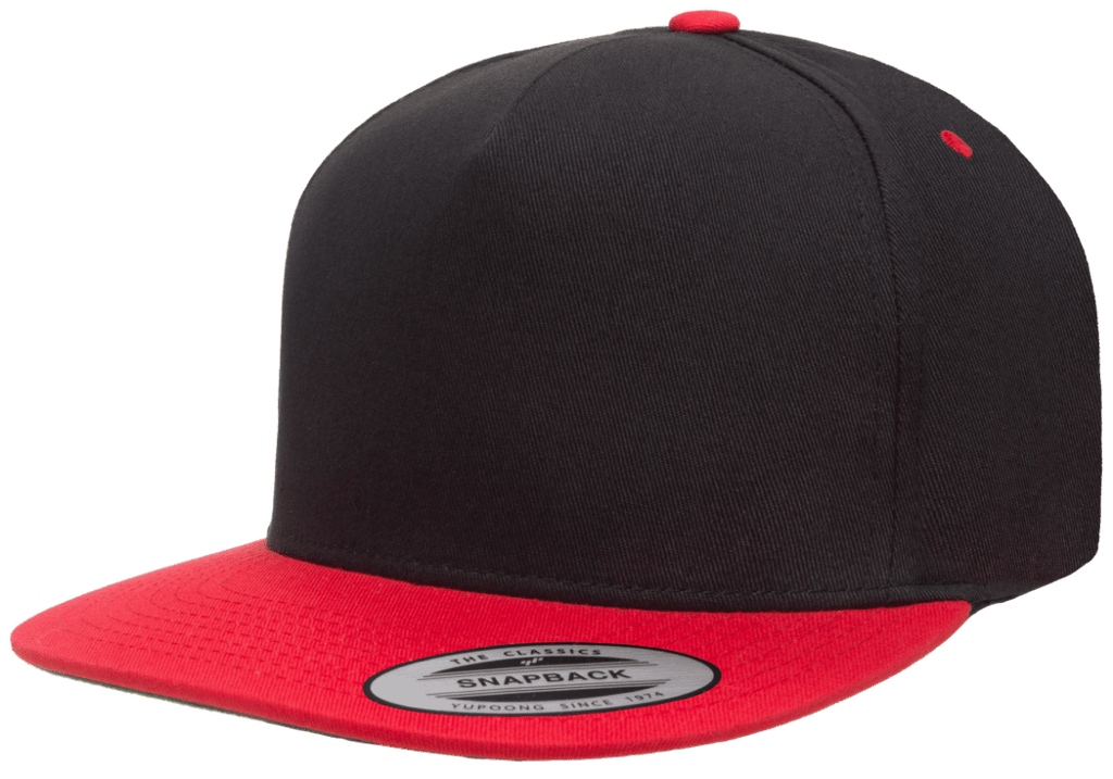 Ashen Fane Low Profile Snapback Hat - 6 Panel, Mesh Back, Black/Black/Red