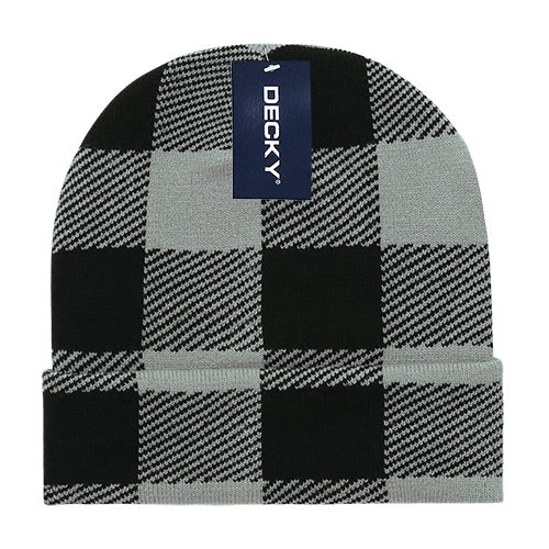 Lot of 6 Decky Buffalo Plaid Beanies Knit Caps Red Plaid Buffalo Check Bulk (with cuff)